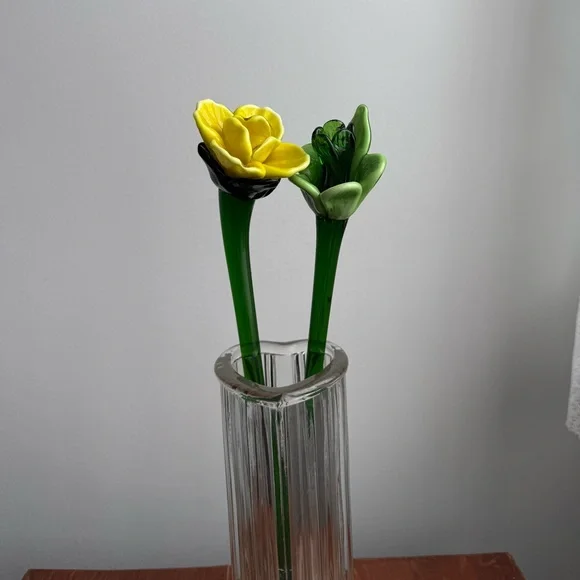 2 Murano Blown Glass 12” Flowers Yellow Green Vintage Decor - Picture 16 of 16